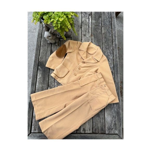 Vintage70s Tan Corduroy Pants Suit 2-Piece Bell Bottoms Elbow Patch Handmade
